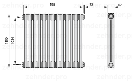 Схема (чертеж) Радиатор Zehnder Charleston 2110/13 №1270 Белый глянцевый RAL 9016